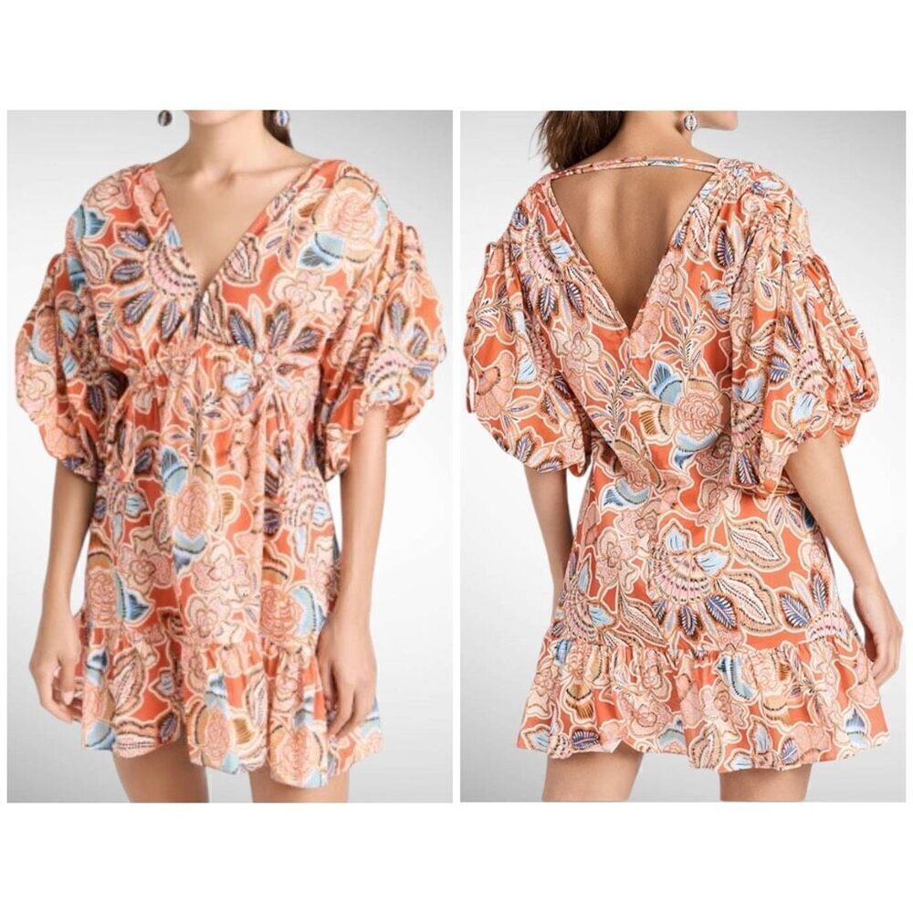 MISA Los Angeles Sari Floral Puff Sleeve Dress in Tangerine Floral Size S